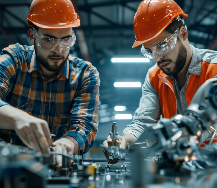 Assemblage industriel de sous-ensembles mécaniques par des opérateurs qualifiés