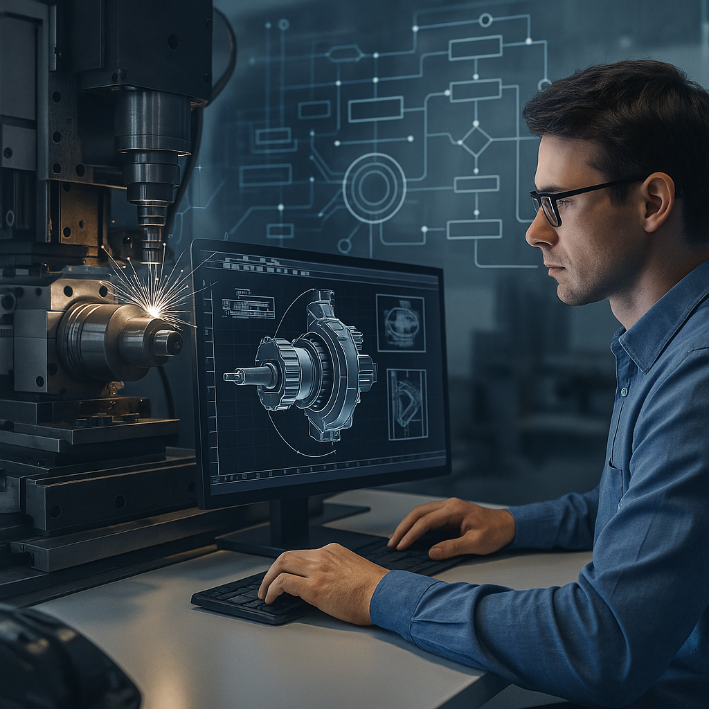 Ingénieur industriel utilisant des outils numériques CFAO pour concevoir et piloter un projet industriel complexe en atelier